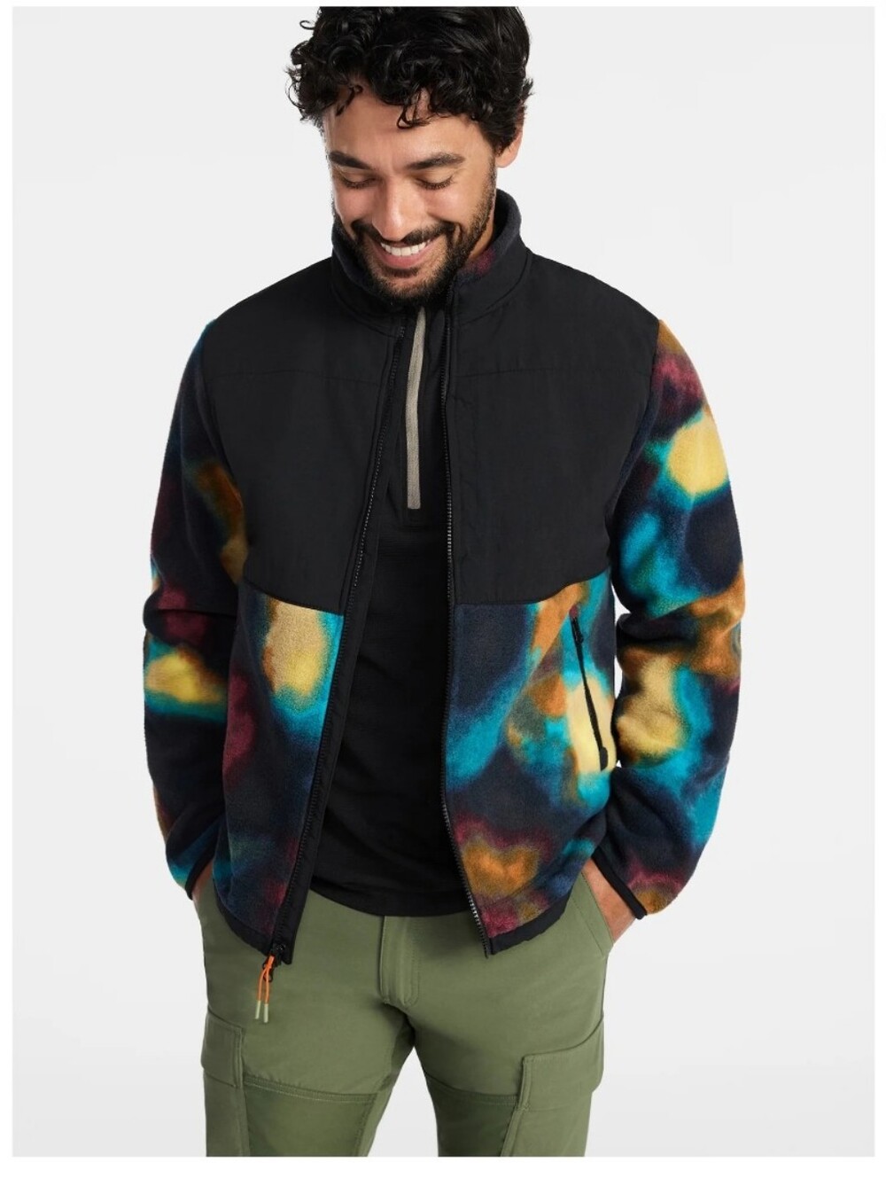 Ozark Trail Men's Mixed Media Fleece Jacket, Colorful Mottled Pattern Size M